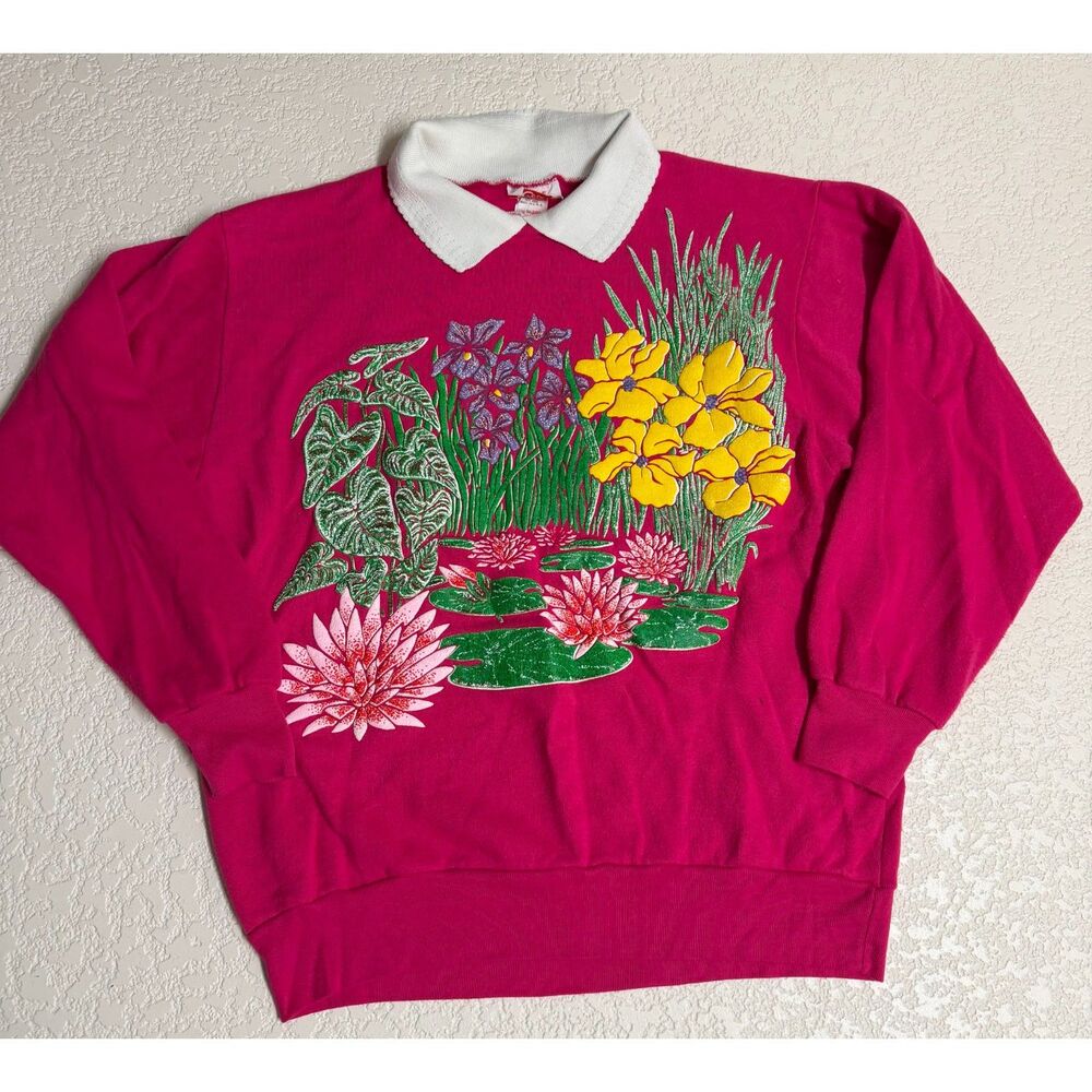 Vintage Jane Colby Floral Garden Sweatshirt Pink Collared M USA
